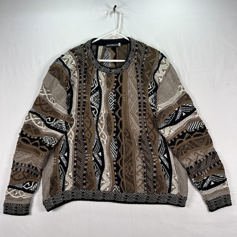 Vintage Bachrach 3D Chunky Sweater XL Multicolor Textured Knit Wool Coogi Style